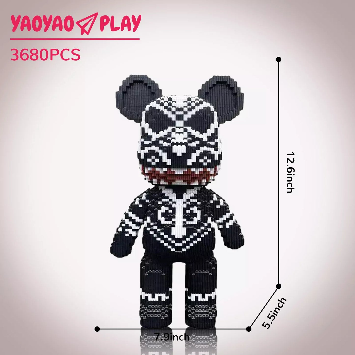 A 12.6-inch-tall modular Brick Bear toy with pixelated black-and-white patterns, labeled "3,680PCS" on a minimalist backdrop.