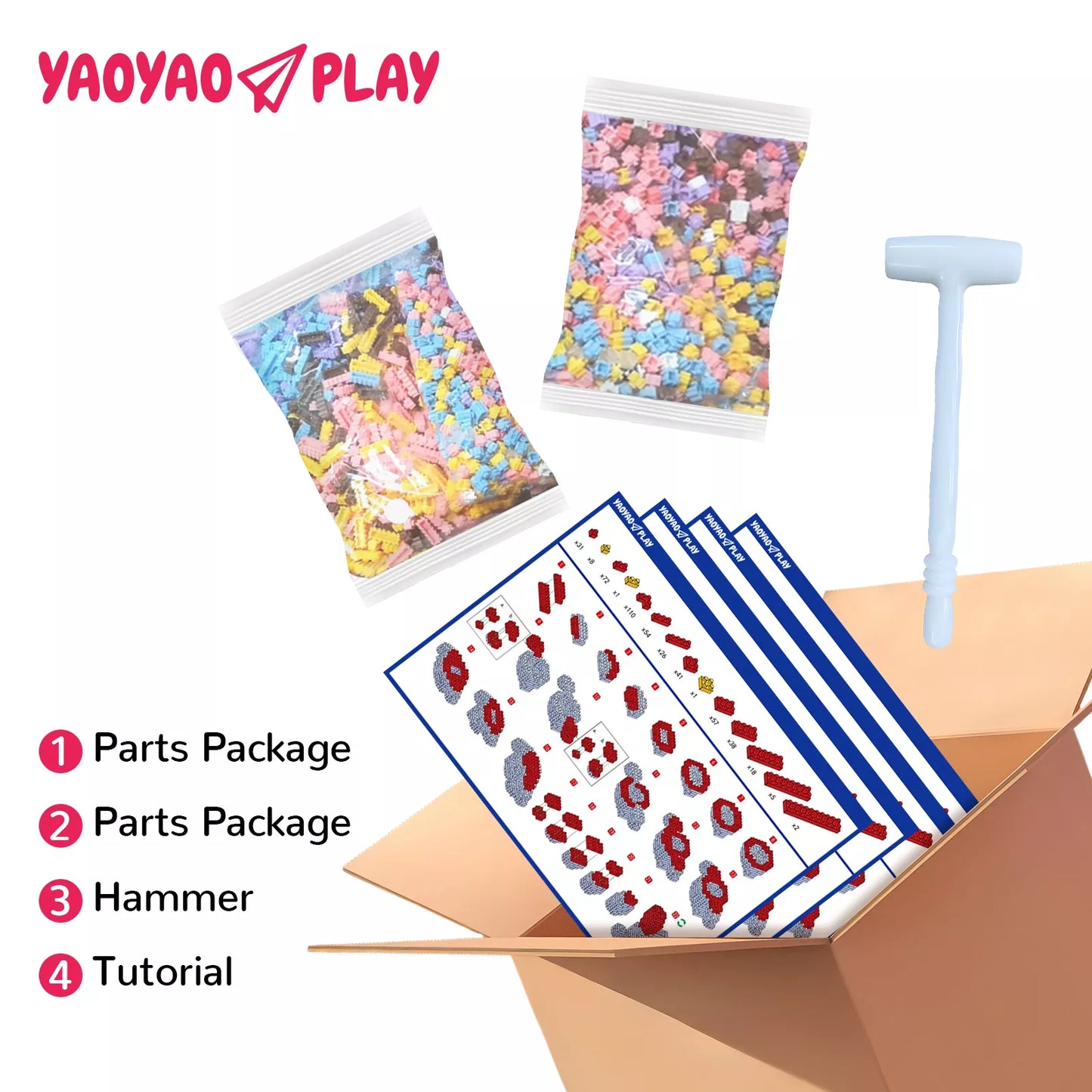 A vibrant KyoAou Brick Bear building blocks toy kit with numbered parts packages, assembly tools, and illustrated tutorials for creative play.