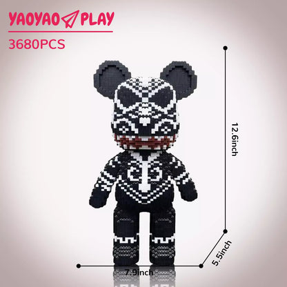 A 12.6-inch-tall modular ​​Brick Bear toy​​ with pixelated black-and-white patterns, labeled "3,680PCS" on a minimalist backdrop.