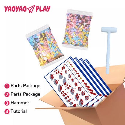 A vibrant KyoAou Brick Bear building blocks toy kit with numbered parts packages, assembly tools, and illustrated tutorials for creative play.